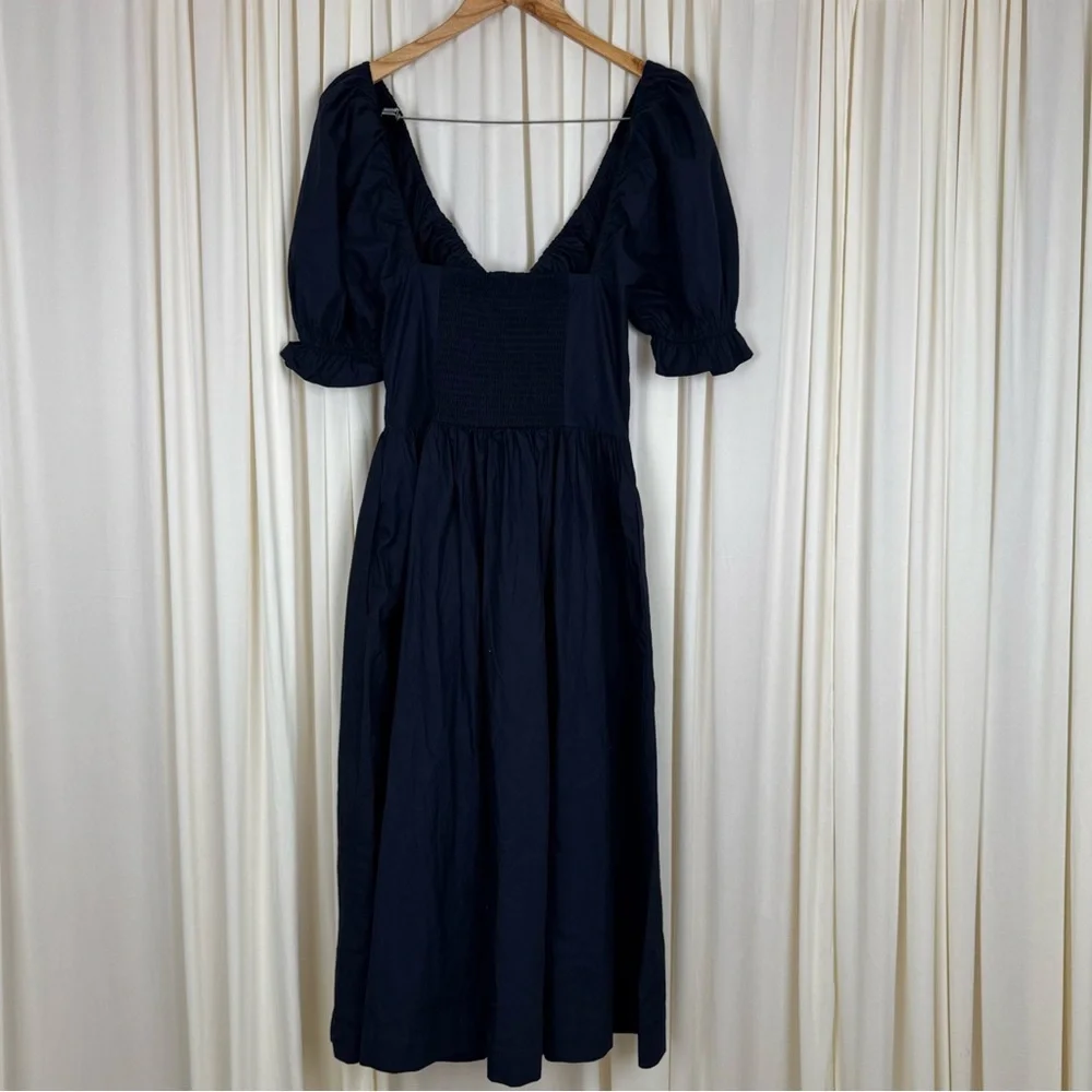 Quince Navy Blue Organic Cotton Puff Sleeve Midi Dress Sz S Summer Elegant - Picture 5 of 7